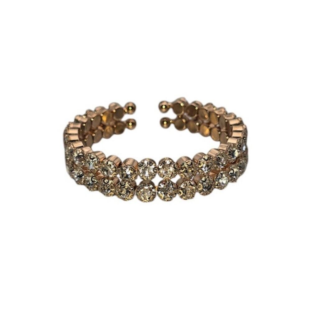 Double Row Rhinestone Bracelet Gold Tone Sparkle Cuff – Soft Glam Elegant